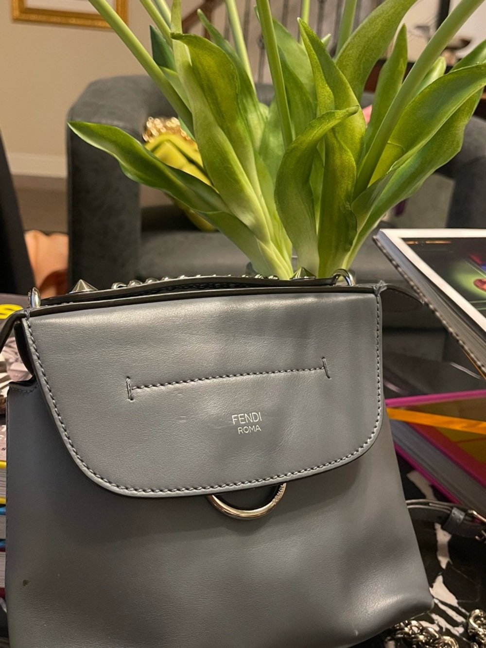 Fendi Mini Leather Chain Backpack Pale Blue Silver Hardware